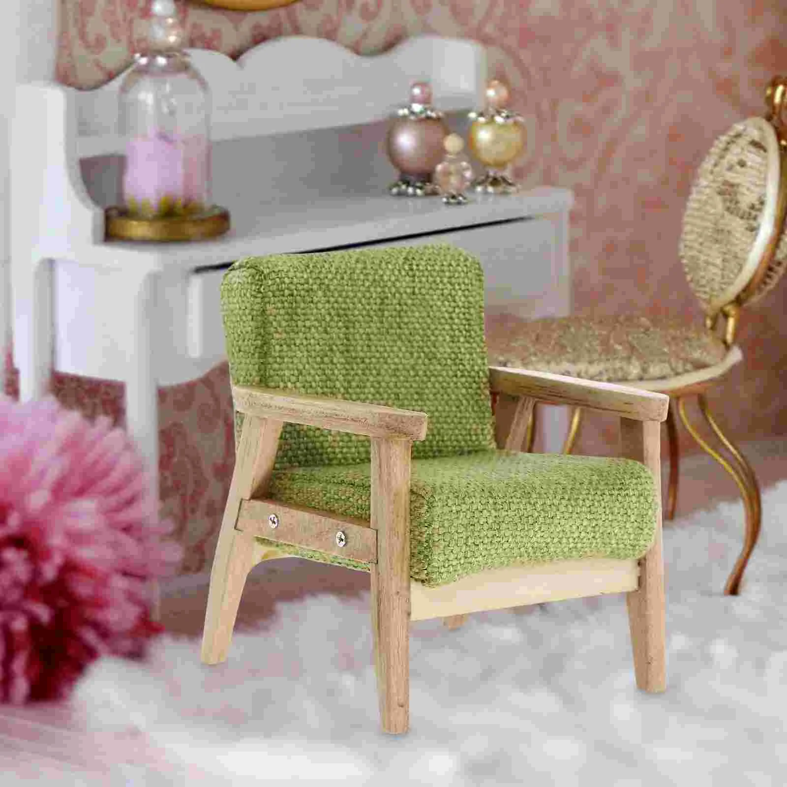 ตุ๊กตาโซฟาอุปกรณ์เสริมโซฟา Loveseat MINI Decor Miniature เดี่ยวแสงสีเขียวเฟอร์นิเจอร์ไม้ Retro