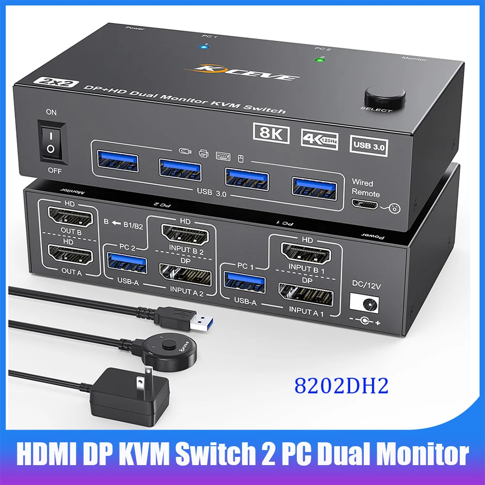 

HDMI DP KVM Switch 2 Monitors 2 Computers 8K,HDMI Displayport KVM Switches for 2 PC Sharing Dual Monitor and Keyboard Mouse