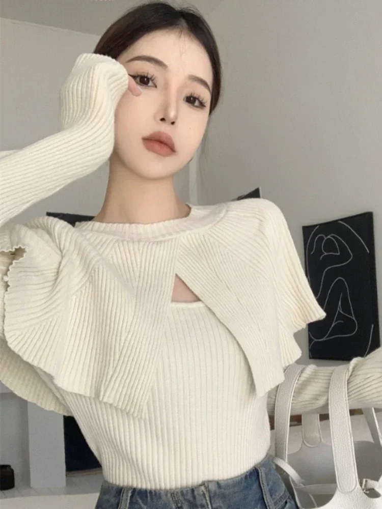 Fake Two Pieces Vintage Slim Sweater Korean Fashion Knitted Pullover All Match Elegant Sweet All-match Y2k Aesthetic Cropped Top