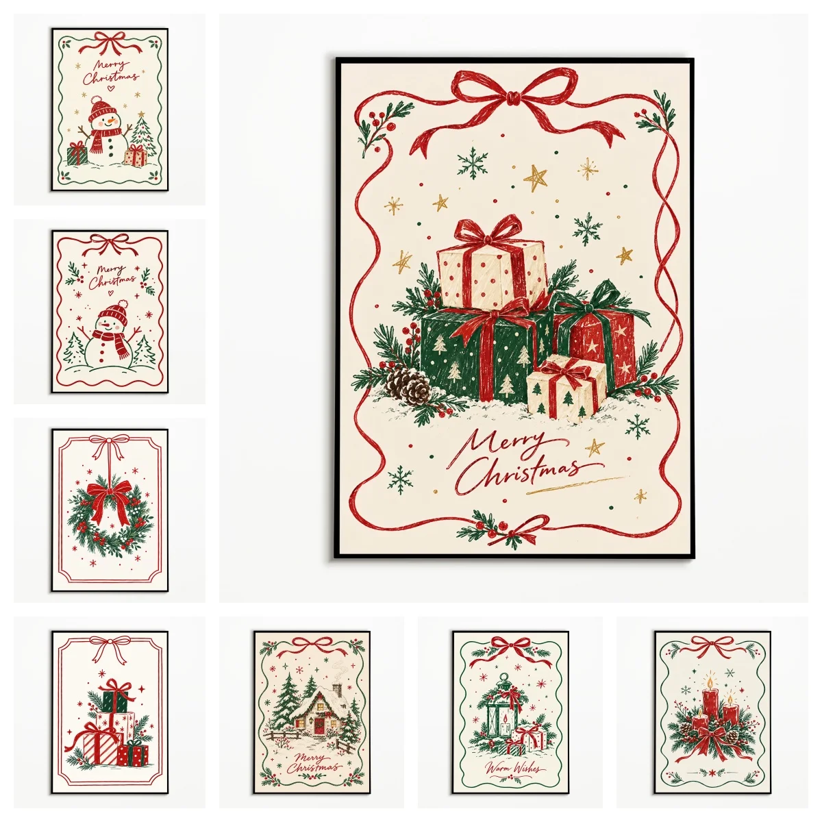 1PC,Vintage Wall Art Christmas Gift Box Snowman Wreath Posters Winter Canvas Painting Cozy Room Wall Decor Gallery Wall Prints