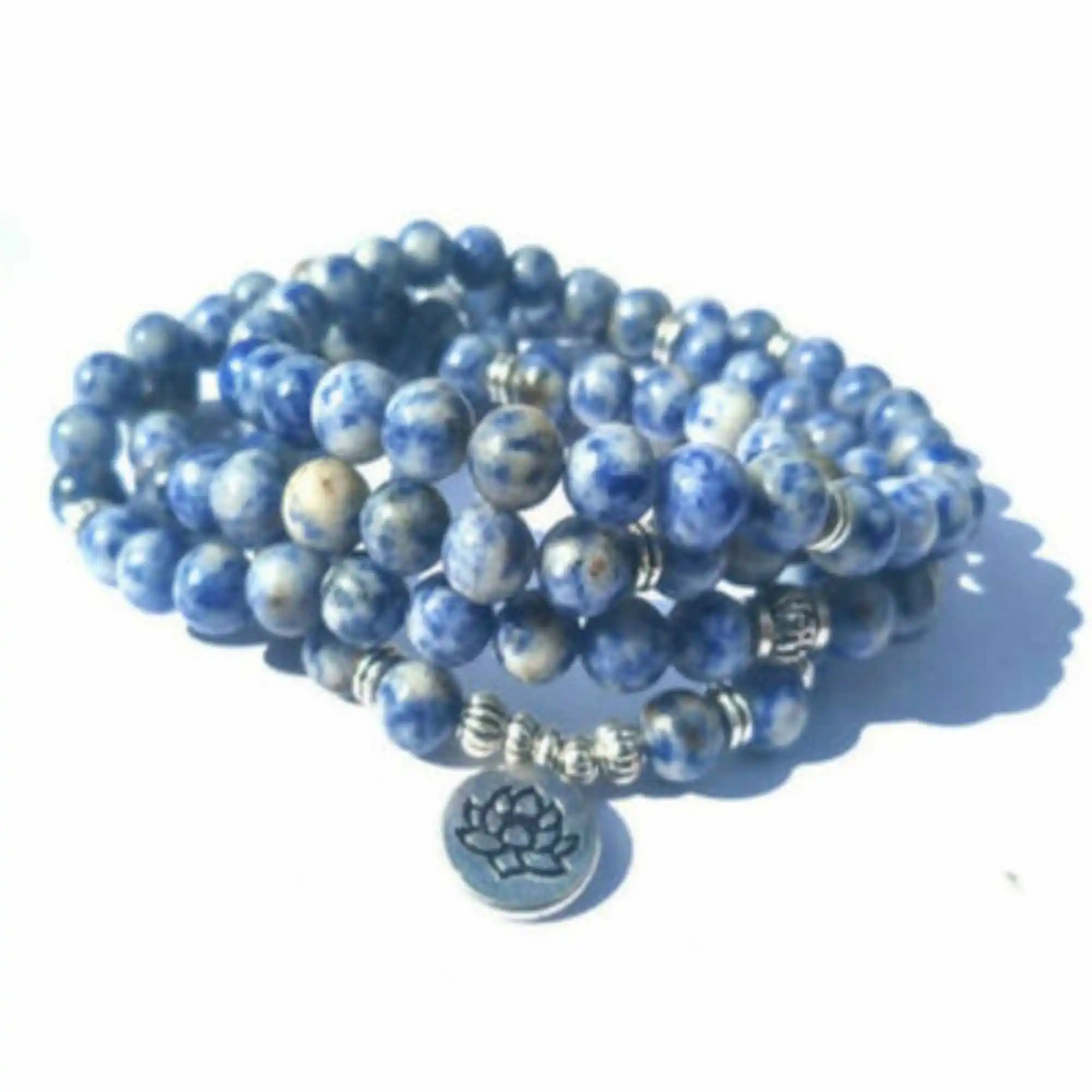 

6mm Blue-Veins Stone 108 Beads Lotus Pendant Bracelet pray Lucky Stackable Link Unisex Karma Men's Prayer