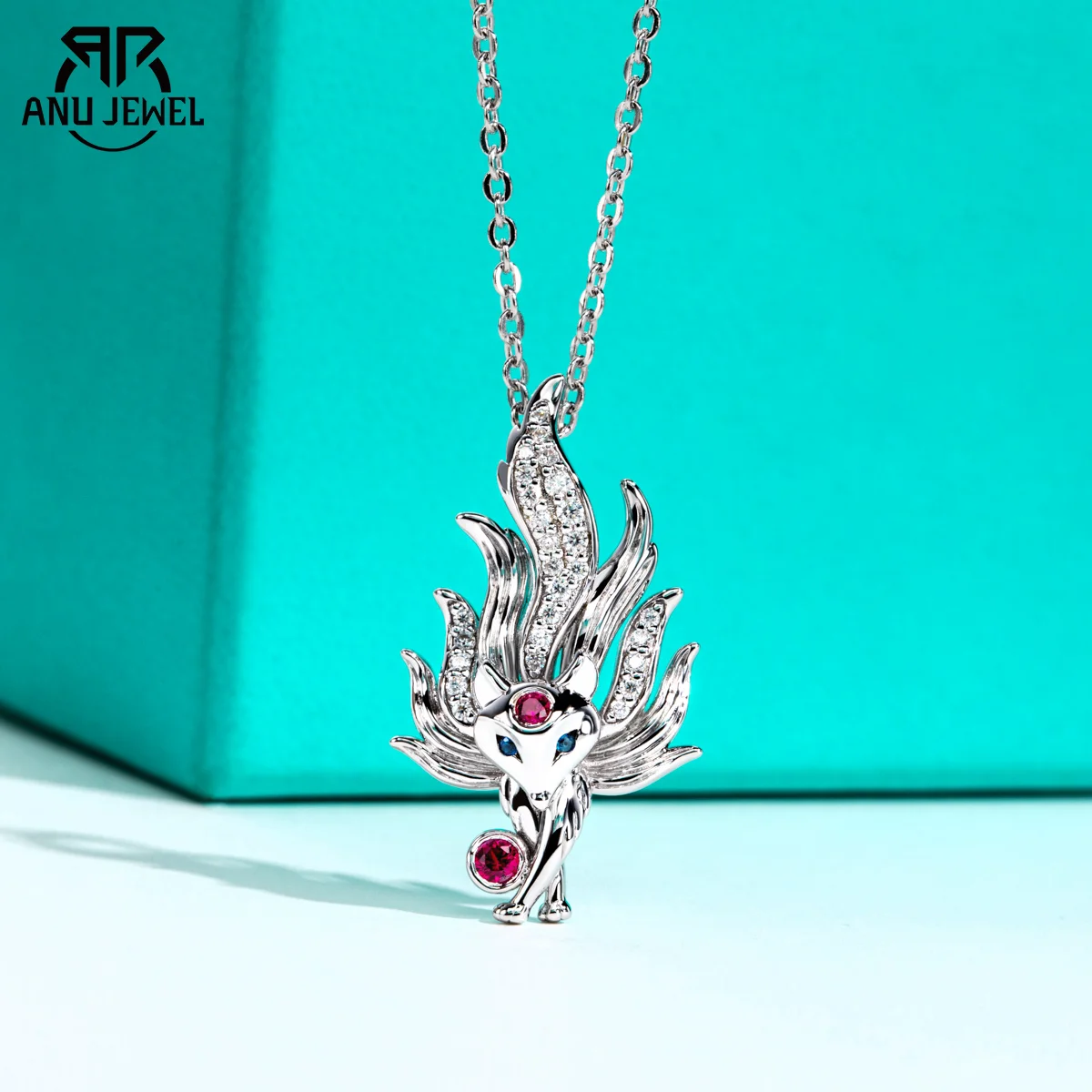 AnuJewel D Color Moissanites Nine-Tailed Fox Pendant Classic of Mountains and Seas 50cm Necklace 925 Sterling Silver Jewelry