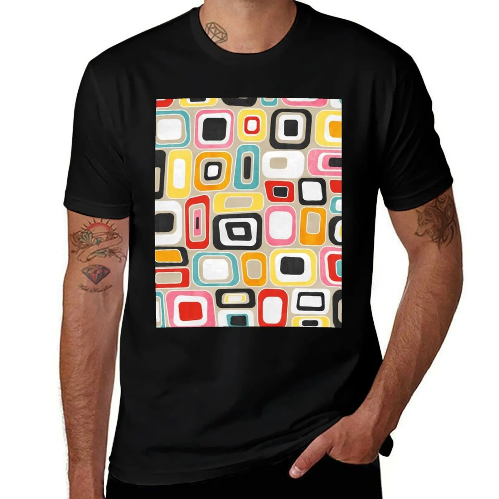 Colorful Watercolor Squares and Rectangles - Mid Century Modern Geometric T-Shirt Abstract Pattern Print Top T-Shirt