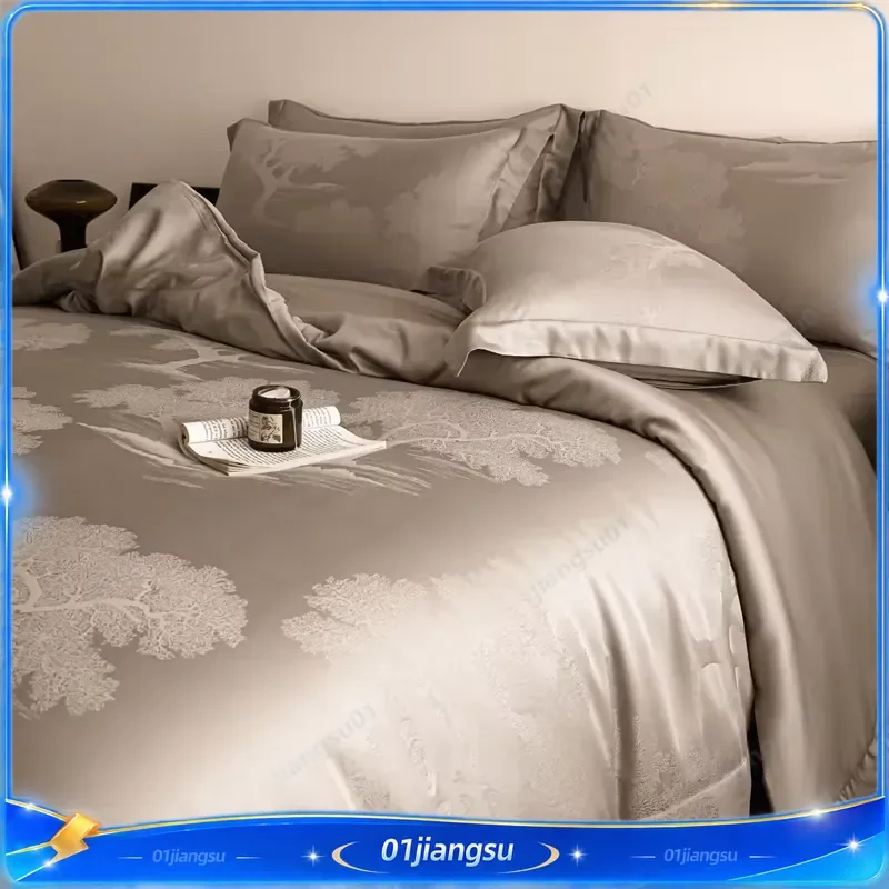 Luxury 600TC Lyocell Bamboo Fiber Jacquard Bedding Set Soft Silky Cooling Duvet Cover Flat Fitted Sheet Pillowcases 4Pcs
