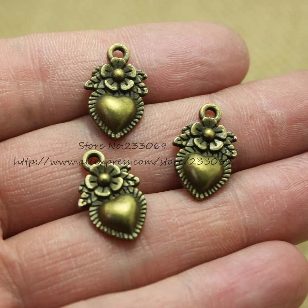 wholesale 50pcs/lot 10*17mm Antique Bronze Vintage Metal  Hearts Made with Love flower Charm Jewelry Heart Charms