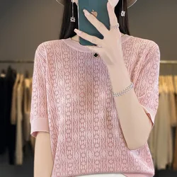 Summer New 100% Pure Cotton Sweater Short sleeved Women's Casual Solid Color Round Neck Pullover Loose Fashion Large Top
