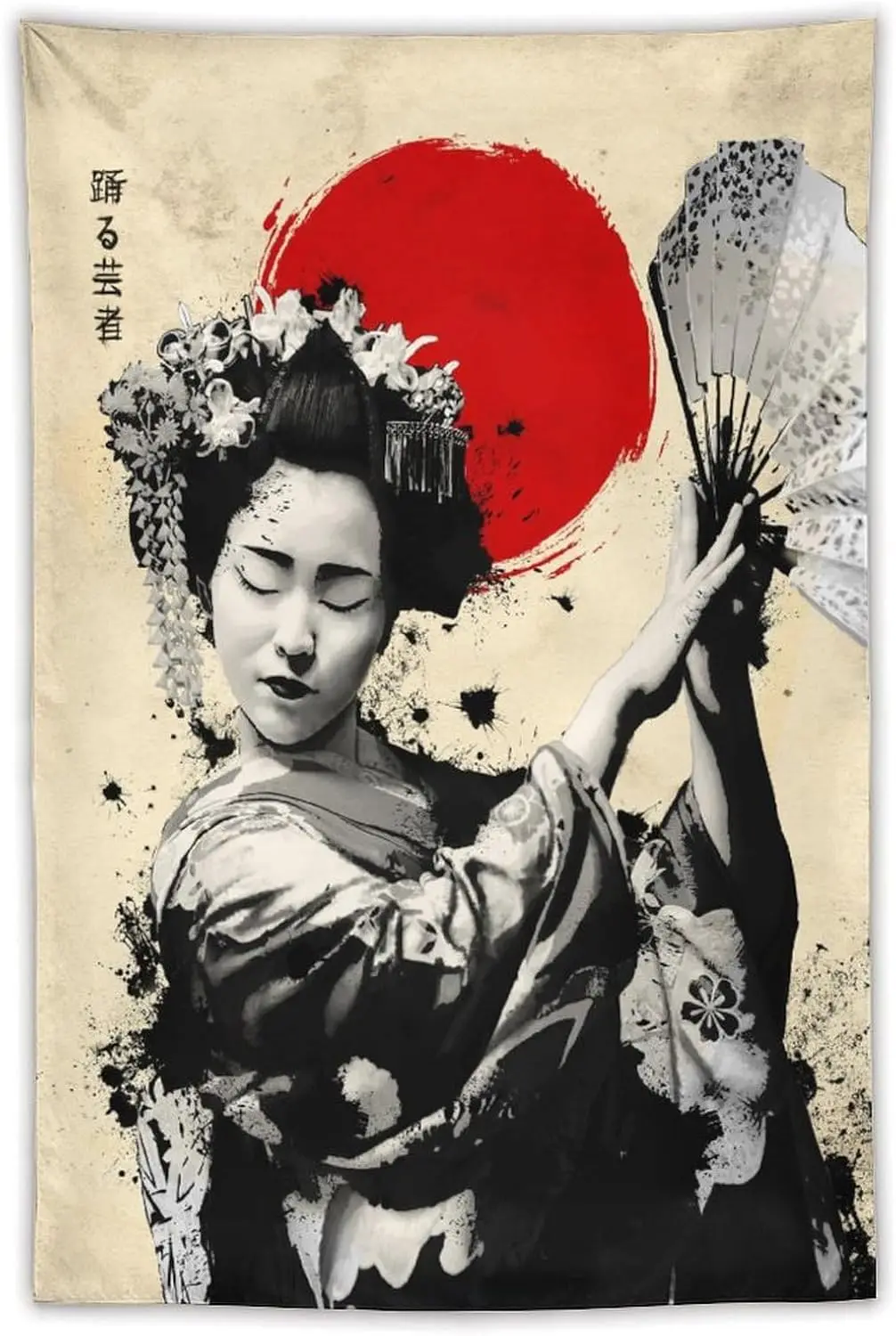 Vintage Japanese Geisha Tapestry, Black and White Geisha with Red Sun & Fan, Traditional Wall Hanging for Bedroom & Living Room