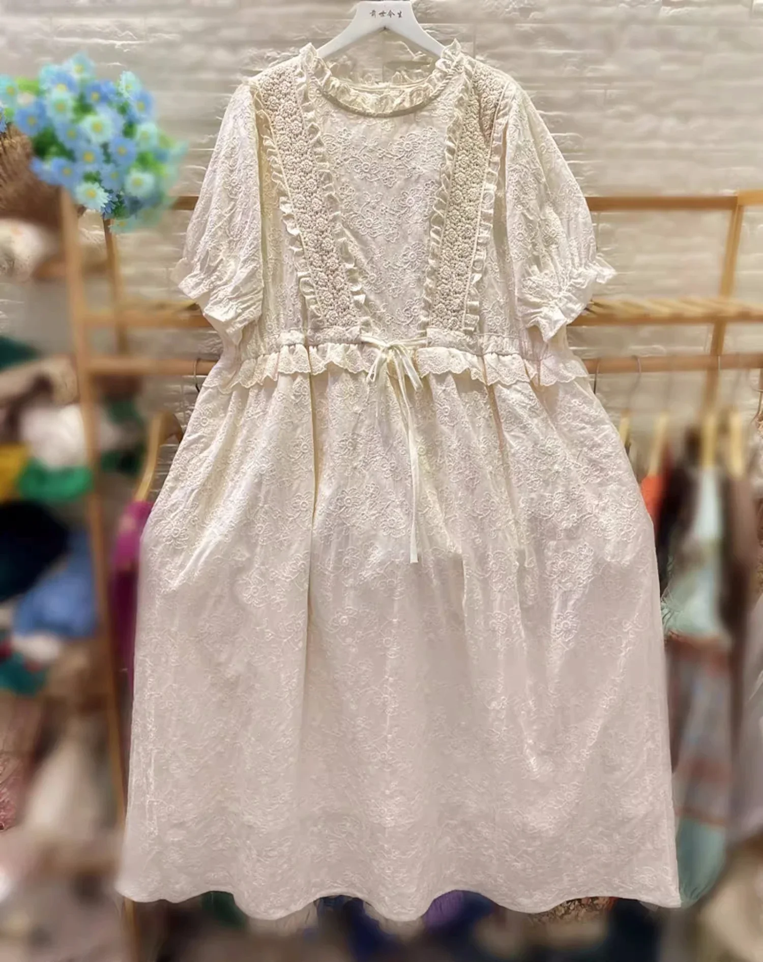 Female Rococo Victorian Ruffled Eyelet Lace Cotton Tunic Long Midi Dress Summer Mori Girl Vintage  Wedding Evening White Dress