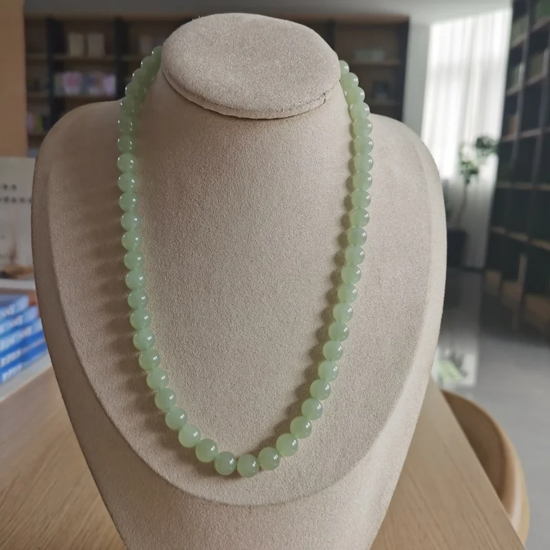 Natural Hetian , Qinghai Jade Beaded , Mother'S Necklace With Silver Clasp, 8Mm