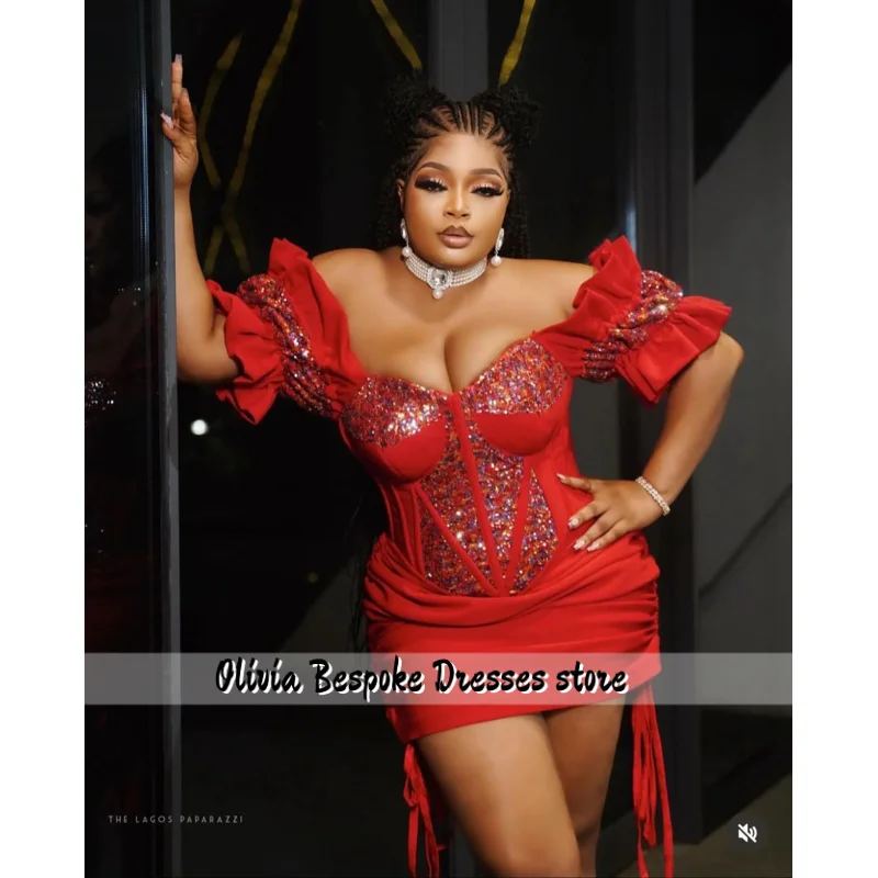 

Red Homecoming Dresses Prom Evening Sequined Satin Short Party Graduation Cocktail Birthday Holiday Club Customized