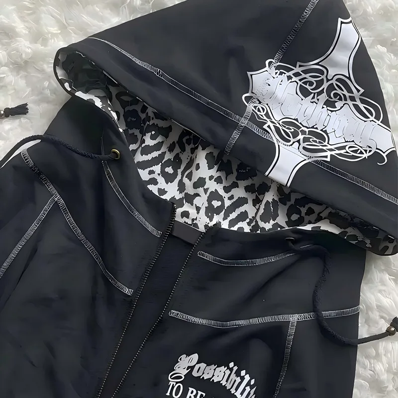 Y2K الشارع الأمريكي العصرية العلامة التجارية هوديي الرجال والنساء نفس النمط ليوبارد معطف علوي الصليب القوطية 2025 #4