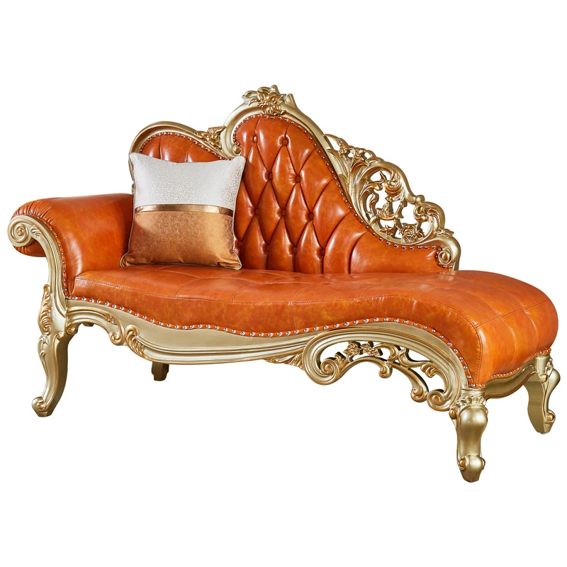 

European leather chaise longue beauty couch wood carving flower sofa recliner bedroom living room luxury villa furniture