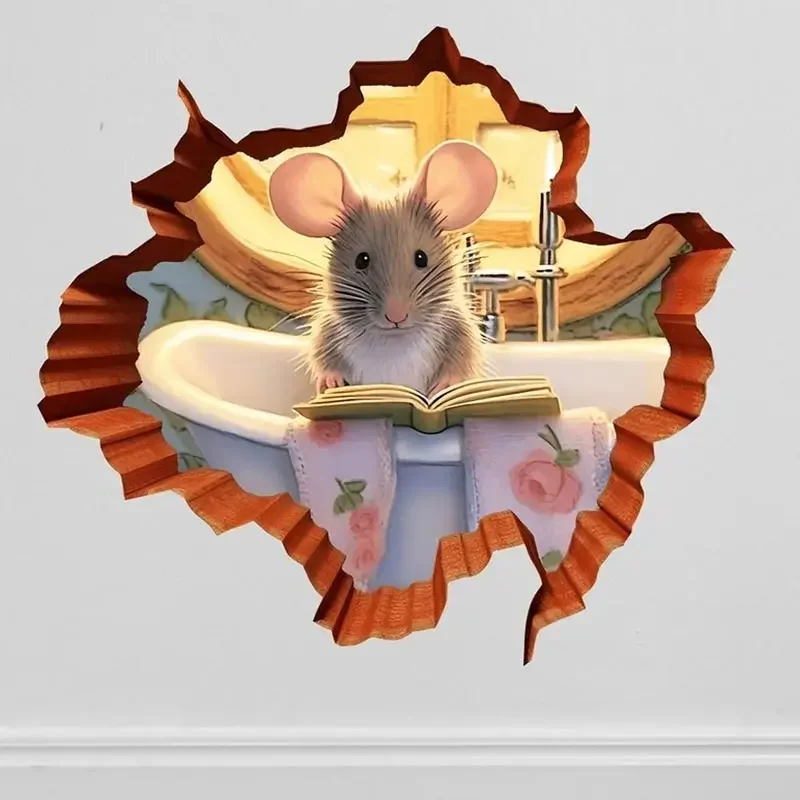 Cute Mouse Hole Wall Sticker Mouse Reading Book in Wall Hole Decal Mouse Hole Sticker Mouse Reading Decor Room Decoration