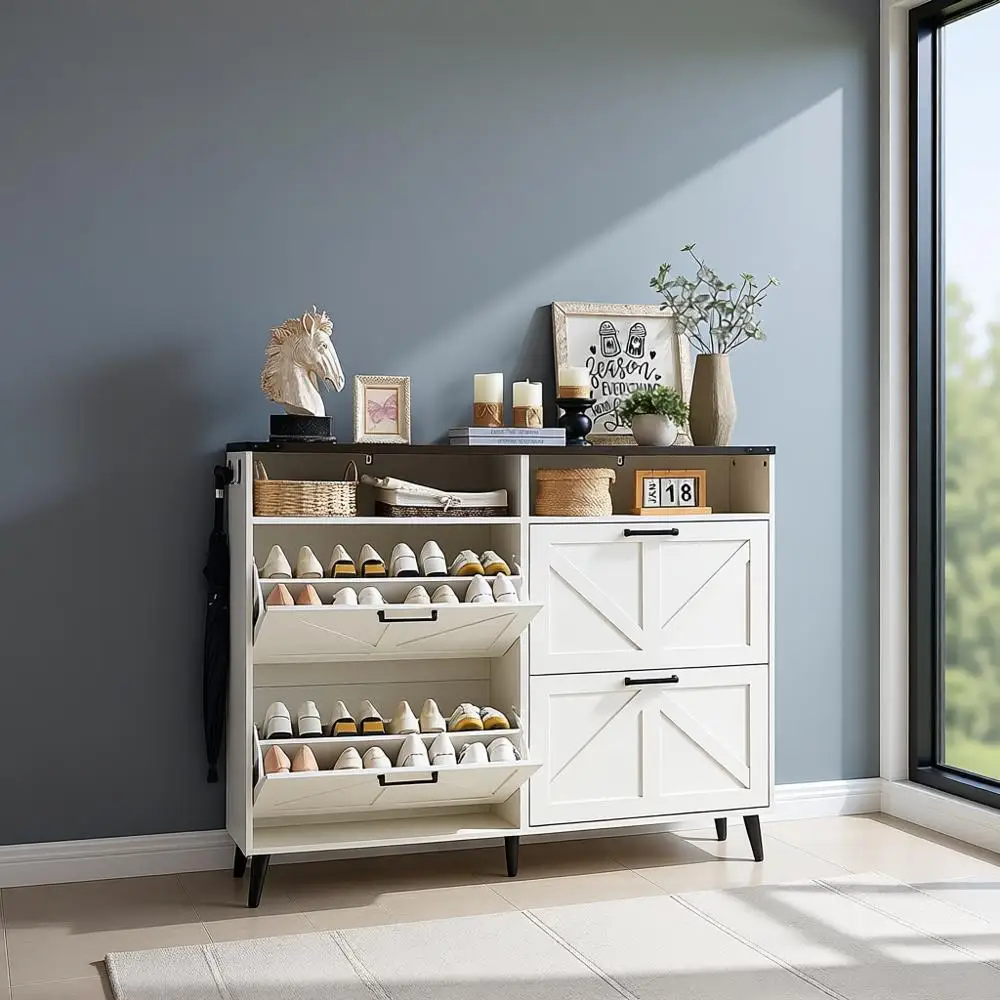 

Шкаф для обуви с откидной крышкой в деревенском стиле, 4 ящиками и дверцами сарая, тонкое хранилище для обуви для прихожей и прихожей, античный белый цвет