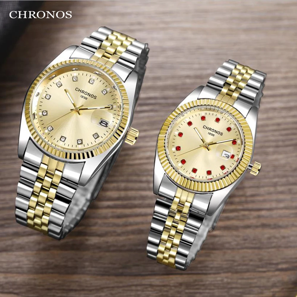 CHRONOS Men Luxury Rhinestone Watch Gold Waterproof Stainless Steel Bracelet Calendar Wrist Watch Male Two Tone Business Clock