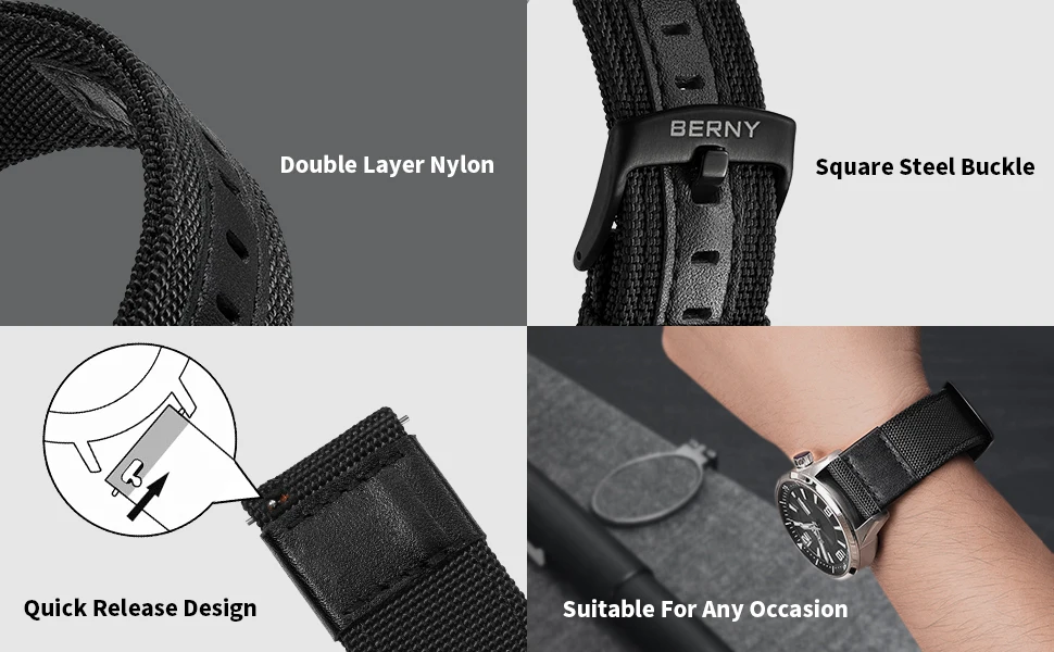 BERNY 20/22 mm Nylon-Uhrenarmband, atmungsaktiv, Sport-Uhrenarmbänder, gewebtes Nylon-Armband, Haltbarkeit, Stahlschnalle, werkzeugloses Uhrenarmband – Detail 2