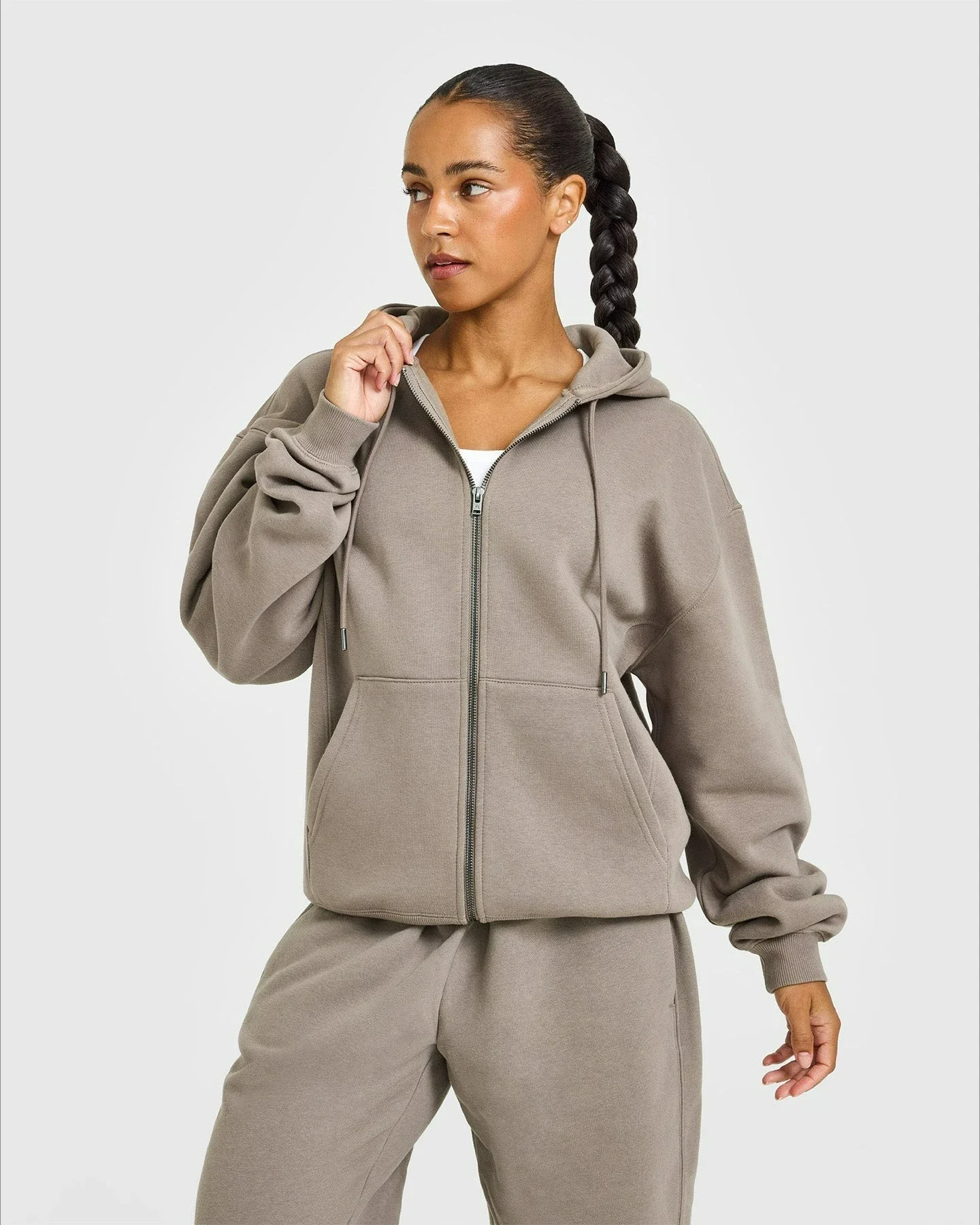 ENYFD Women's Embroidered Logo Zip-Up Hoodie Loose Comfortable Fleece-Lined Hooded Jacket Oversized Casual Home Wear