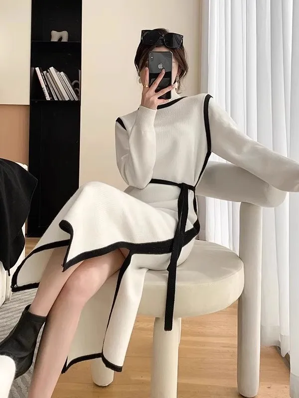 Ele malha longa camada base sve dr coreano sle commute cor pura fibra de poliéster ajuste solto cena casual