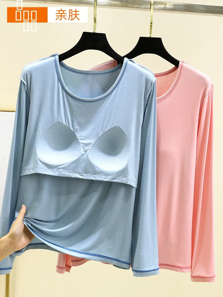 

Повседневная женская футболка из модала с длинным рукавом, тонкий летний топ с подкладкой на груди, свободный крой, большие размеры, базовая модель