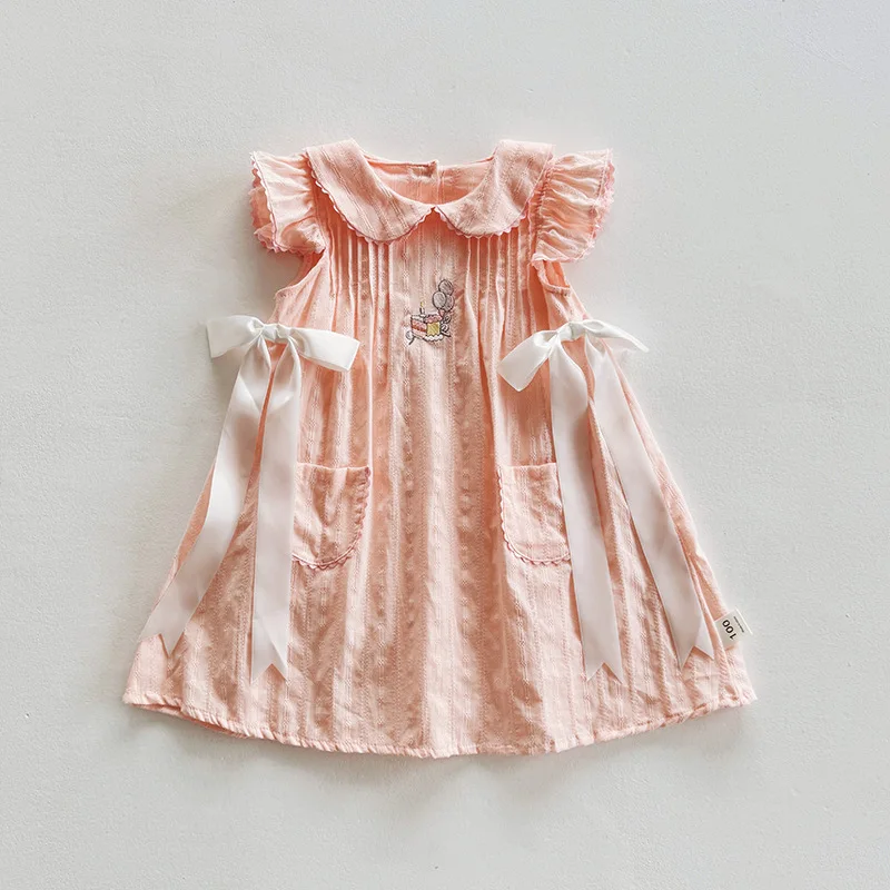 

Children's Clothing Doll Collar Cake Embroidery Girls' Dress 2025 Summer Style Bow Sweet Children's Birthday Dress