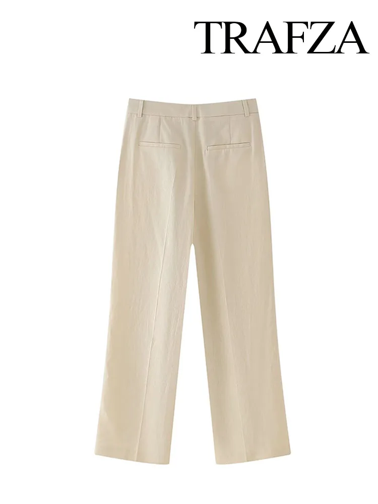 TRAFZA-Pantalones largos de cintura baja para mujer, Pantalón liso con bolsillos y cremallera, informal, recto, de lino, novedad de verano