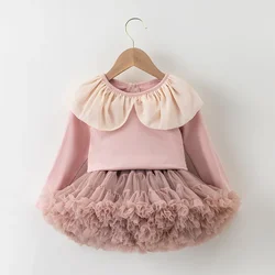 New Children Girls Ruffle collar Long-sleeved T-shirt + Tutu Skirt Summer Ruffled Fluffy Tulle Skirt 2Pcs Clothing Sets W-S1038