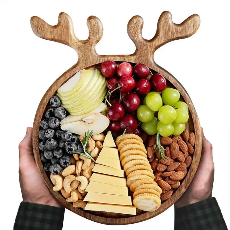 Christmas Woodcraft Tray Multipurpose Cookie Snack Fruit Food Tray Innovative Deer Shape With Antlers Plate Kitchen Decoration