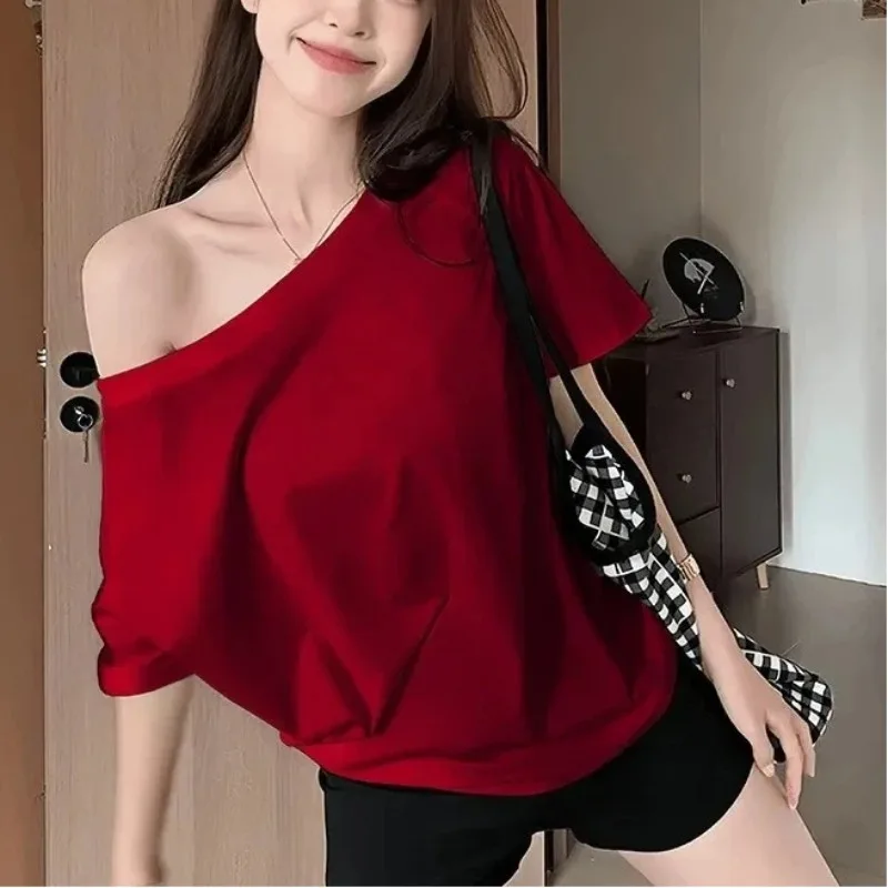 

Fashion Loose Ladies Batwing Sleeve Trend Solid Color Off Shoulder Summer New Style Pullover Slash Neck Tshirt Tops Short Sleev