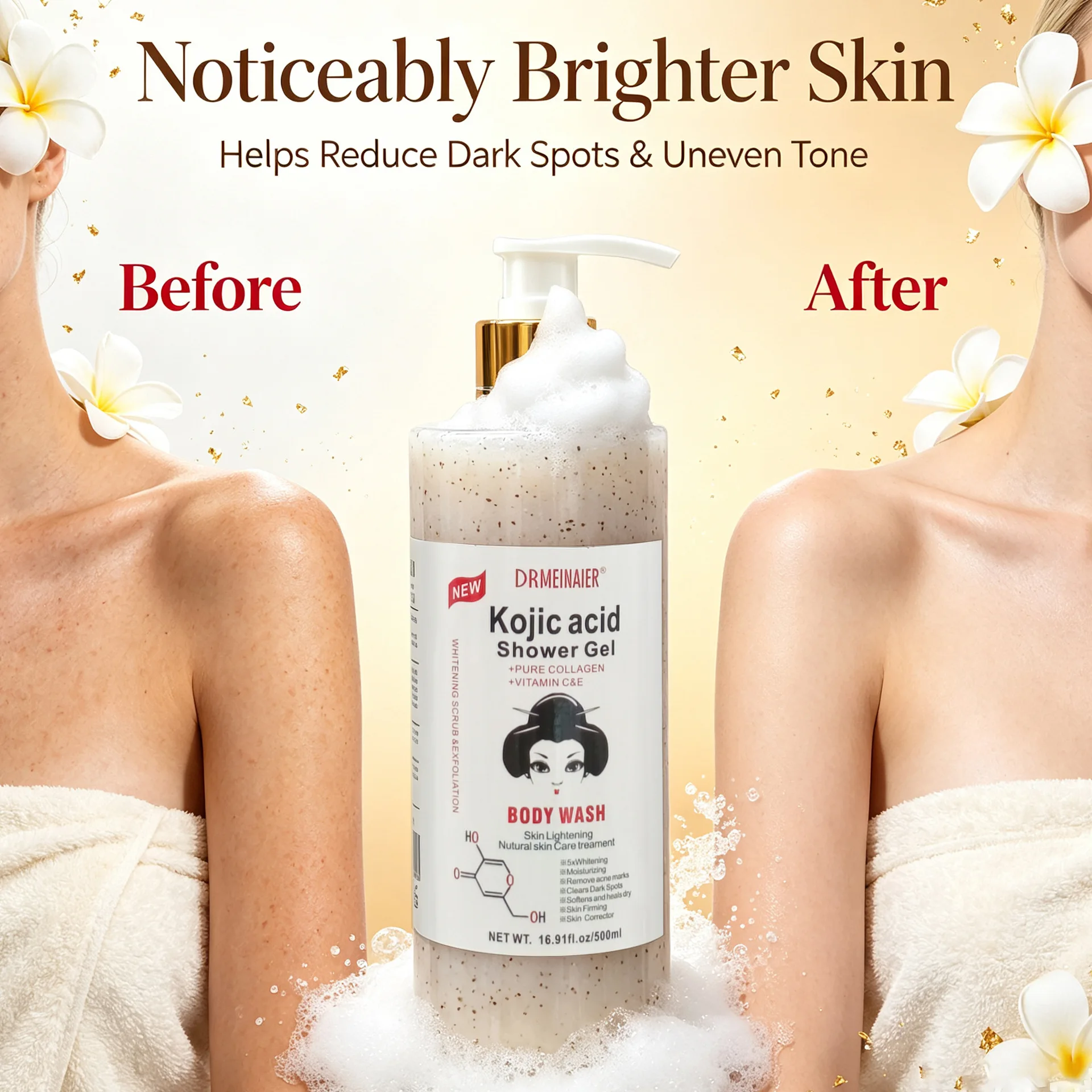 Kojic Acid Brightening Skin Tone Body Wash Contains Collagen Moisturizing Exfoliating Skin Rejuvenation Scrub Body Wash Skincare