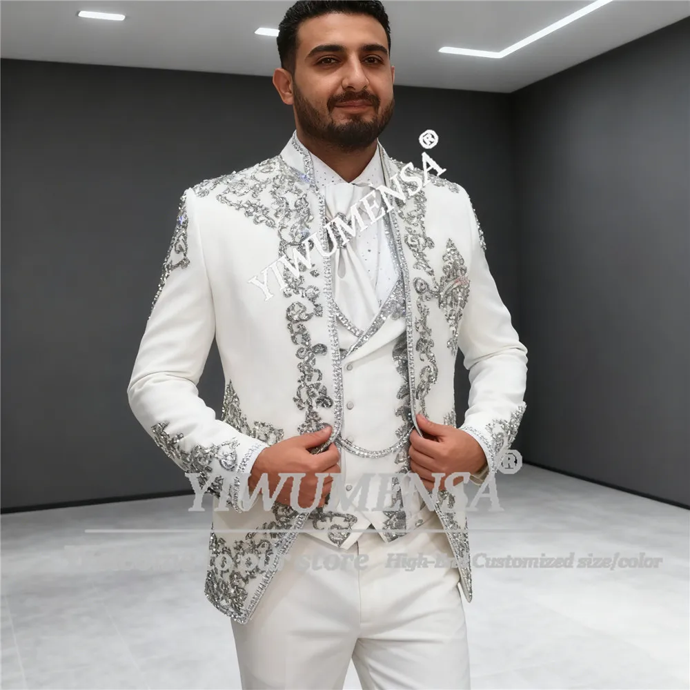 

Роскошные мужские костюмы из бисера, комплекты из 3 предметов, свадебные смокинги для жениха, мужские пиджаки для выпускного вечера по индивидуальному заказу, Slim Fit Terno Masculinos Completo