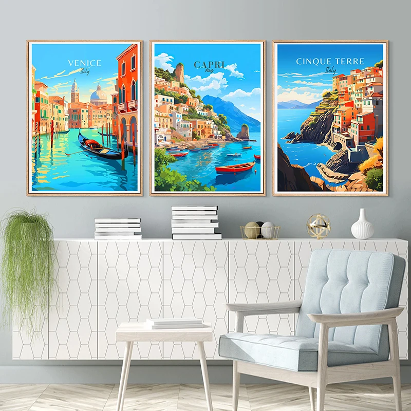 Italy City Travel Poster Paris Rome Milan Tuscany Venice Sardinia Canvas Painting Wall Art Picture for Living Room Home Decor