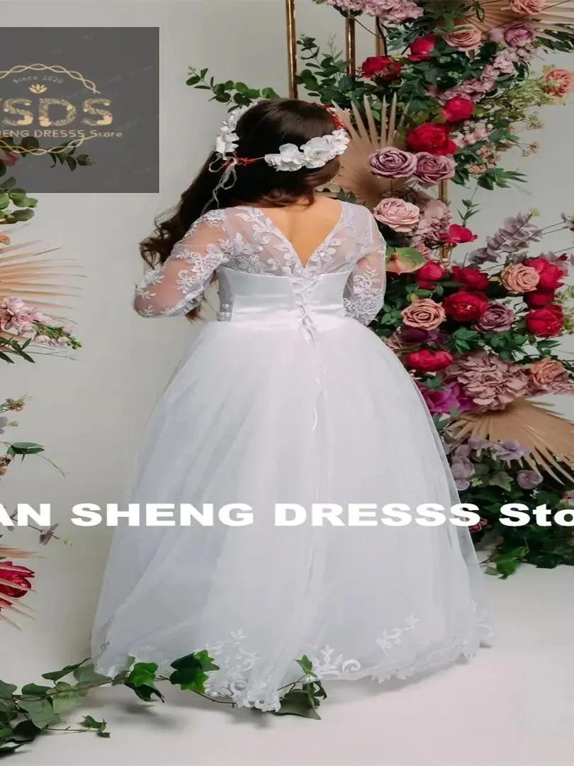 거룩한 흰 꽃의 소녀 드레스 레이스 인쇄 웨딩 공주 아름다움 미인 대회 아이 생일 선물 첫 성찬식 가운 우아한