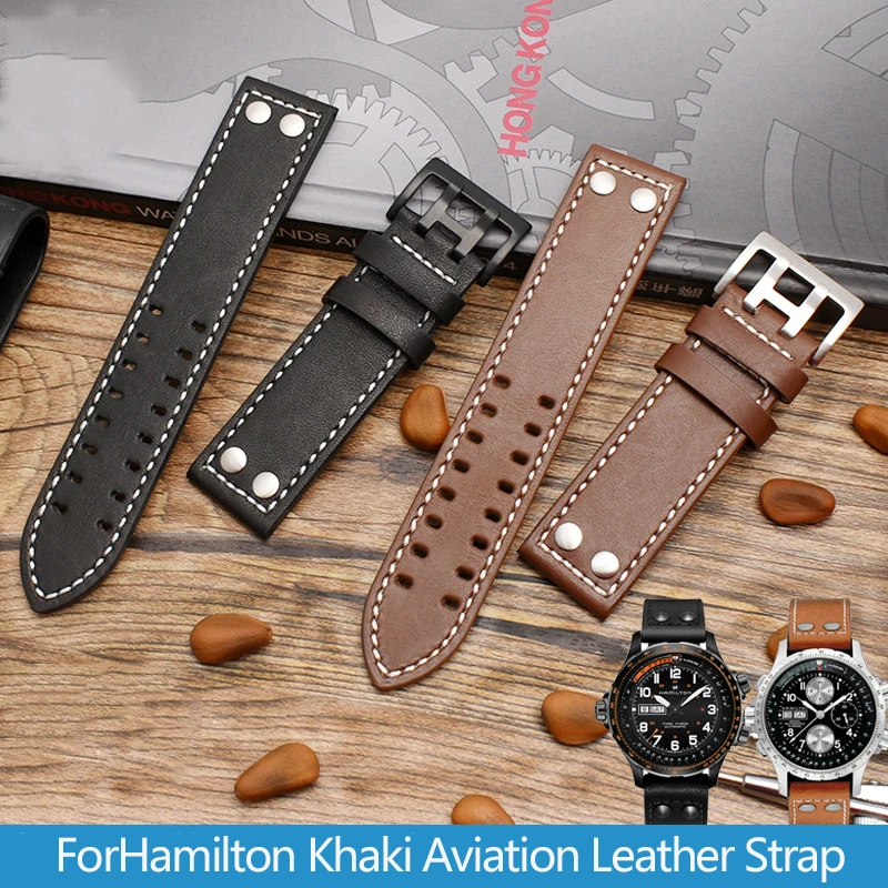 Genuine Leather Watchband for Hamilton Khaki Aviation Field Series Men\'s Watch Band Bracelte with Rivets Strap Brown 20mm 22mm