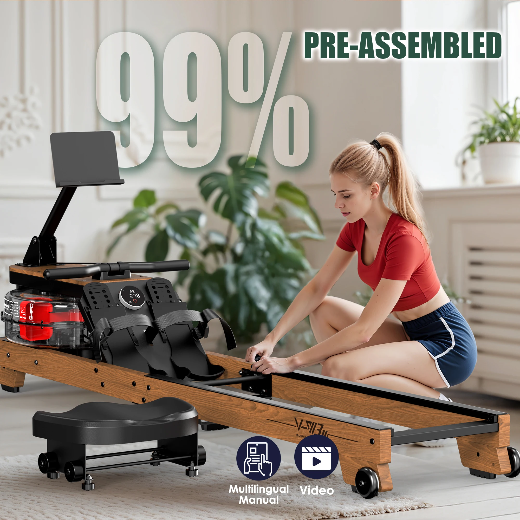 FYSIQ Wasser Rudergerettet ute Zuhause aus Holz Klappbar mit شاشة بلوتوث وحسن الكمبيوتر اللوحي، Comfort-Sitz، Bis 180 كجم Belastbar