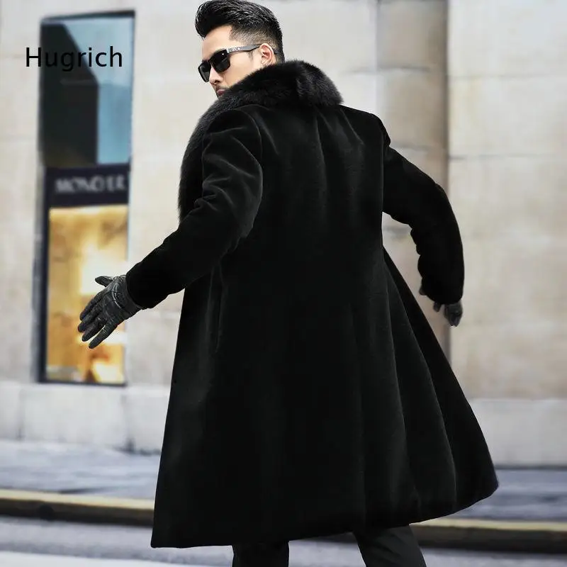 Men's Long Faux Fur Coat with Plush Collar, Warm Winter Overcoat, Elegant Black Outerwear for Cold Weather, Stylish Business