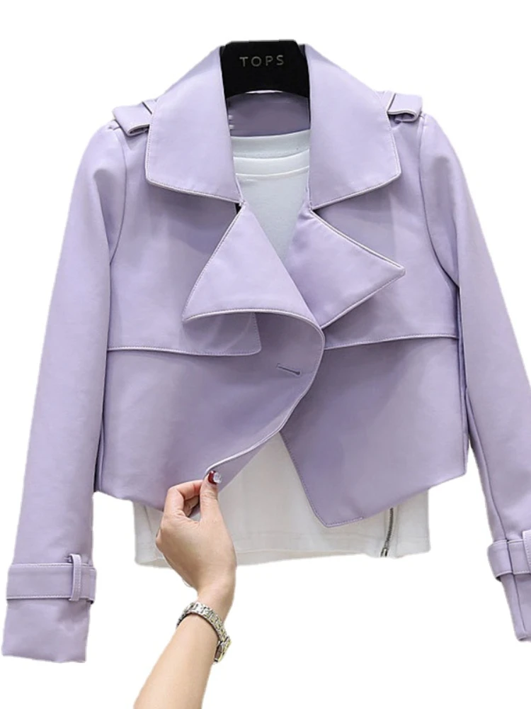 Aibeautyer autunno donna cappotto locomotiva sciolto Stree Wear Chic nero lavanda Outwear giacca in ecopelle nuovo cappotto corto da motociclista