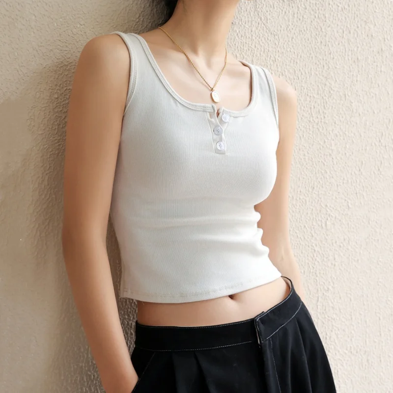 تانك الأعلى للنساء مضلع زر أسفل بلوزة بلا أكمام بلون عارضة المرأة المراهقين العصرية الأساسية الصيف بروتيل #2