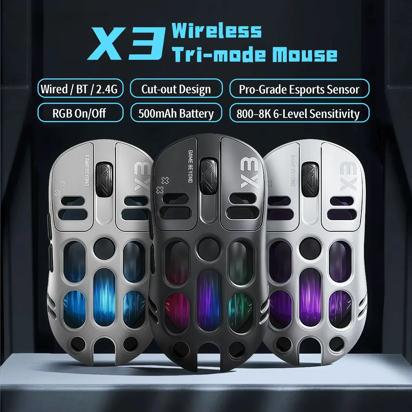 Wireless Gaming Mouse Tri-Mode BT5.1/2.4G/USB-C, 70g Lightweight RGB Rechargeable Mouse, 8000 DPI Sensor, 5 Programmable Buttons