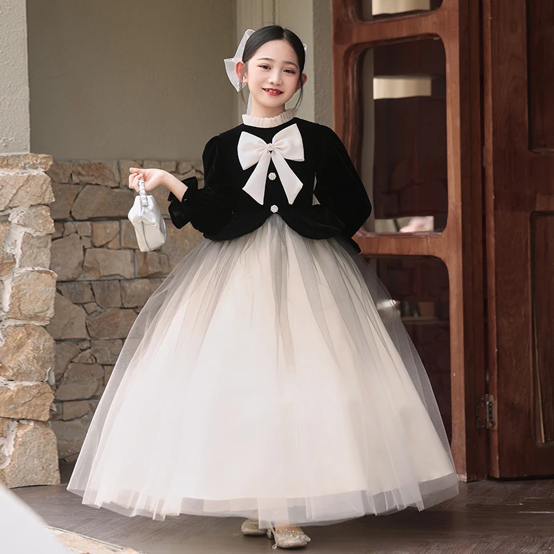 

Girls dress velvet black floor-length long-sleeved princess dress Christmas New Year gift