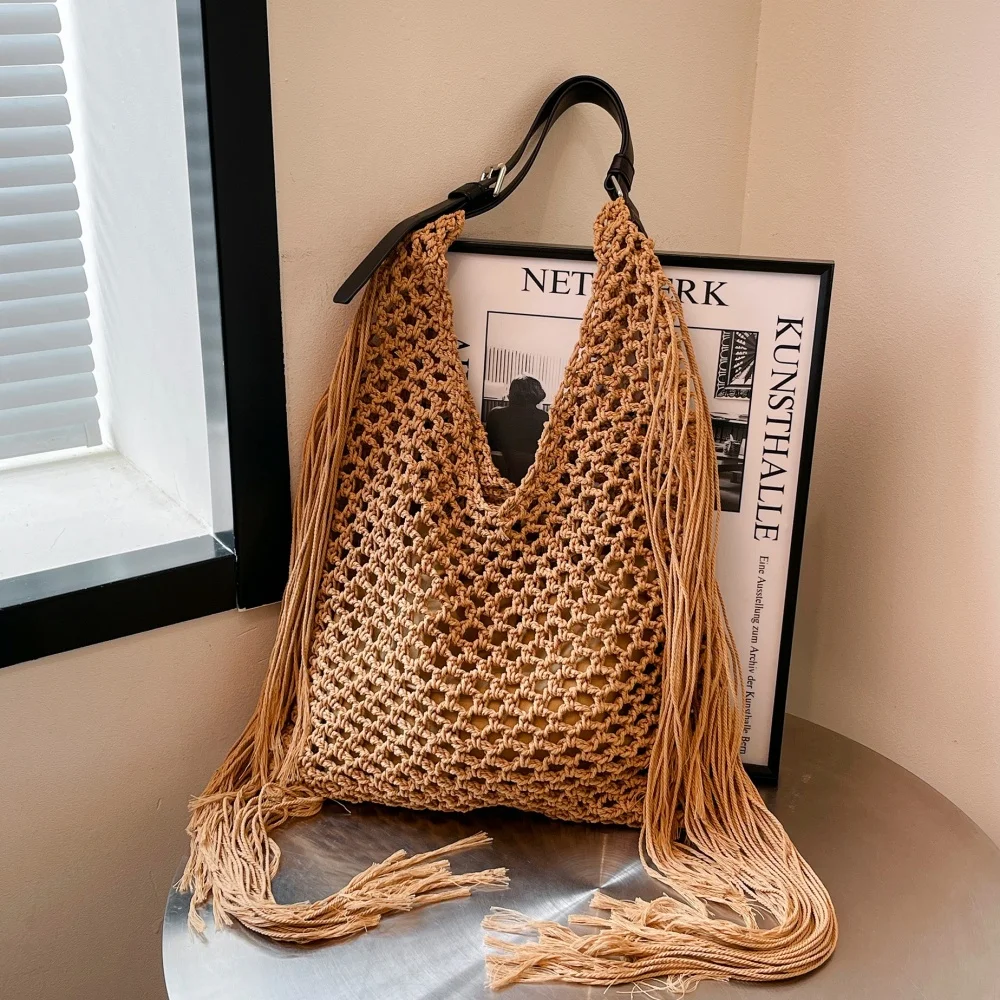 

Grid Beach Bag With Sided Tassel Retro Handmade Shoulder Bag Crochet Woven Knit Bag Tote Cotton Rope Outdoor Shopping