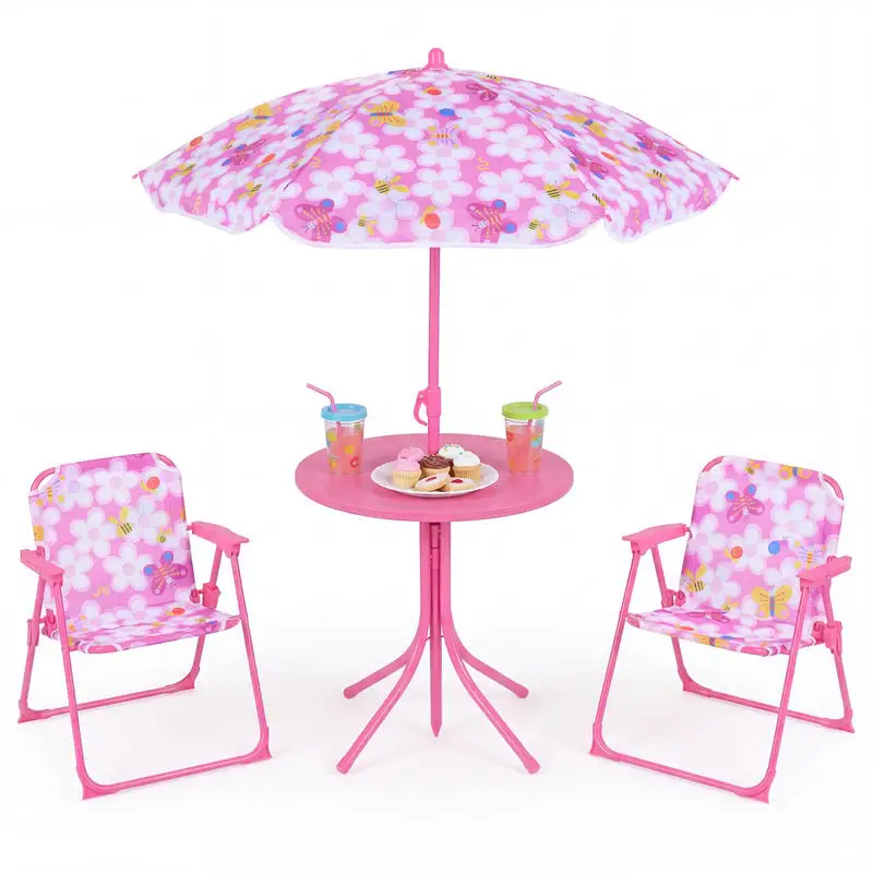 

Outdoor Table and Chair Set with 2 Folding Chairs and Height Adjustable Umbrella-Pink