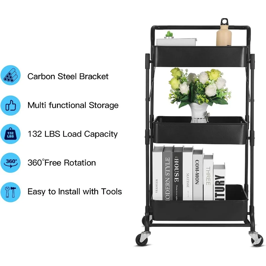 Foldable 3 Tier Metal Utility Rolling Cart with MultiFunction Design for Home Library and Office Storage Compact Mobile Organiz