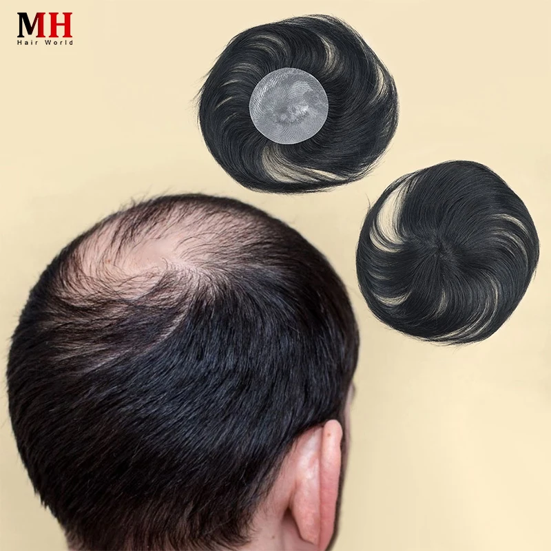 Natural Black Men's Human Hairpieces Vertex Hair Toupee For Men Circle Shape PU Base Thin Skin 8cm