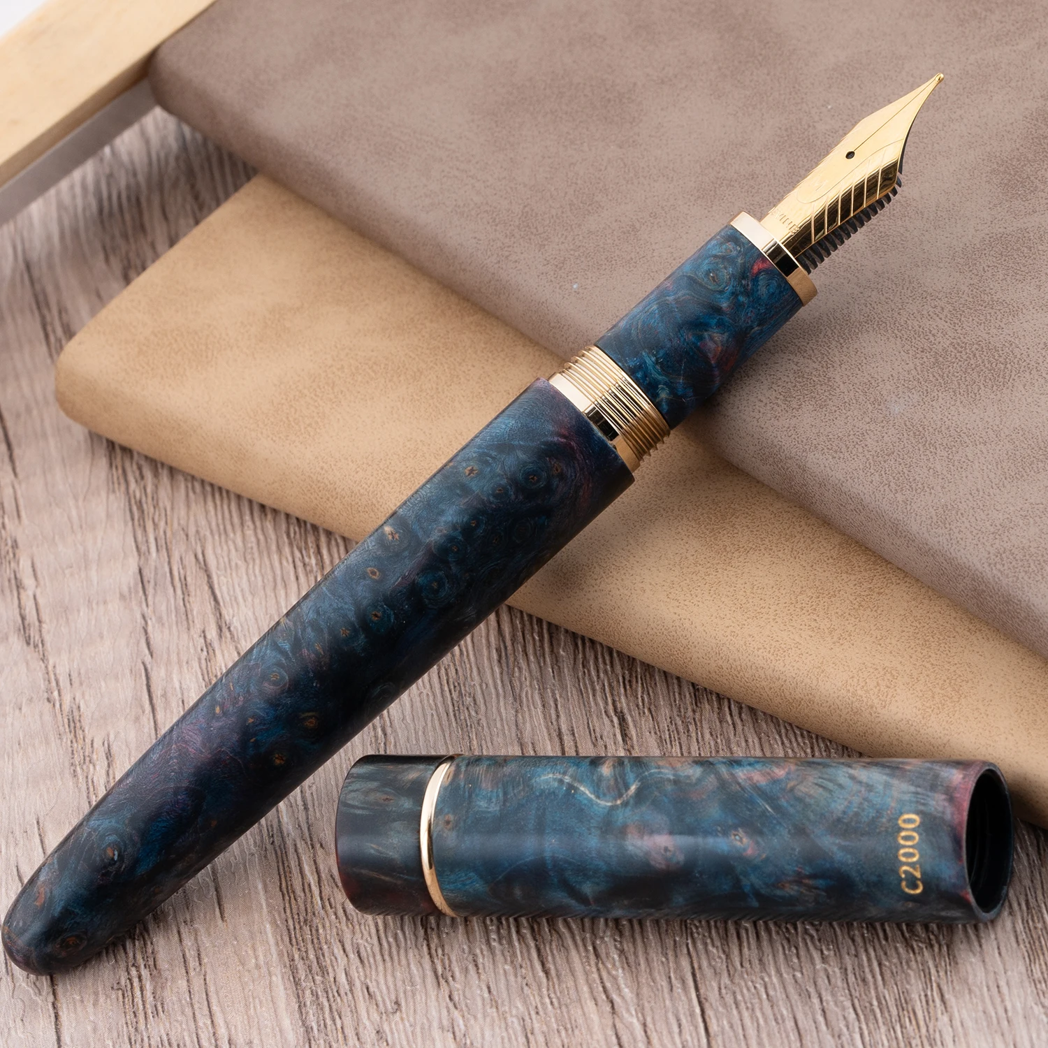 قلم حبر Asvine C2000 مصنوع من الخشب المستقر رقم 8 EF/F/M/Stub 1.1 بنك الاستثمار القومي، قلم كتابة يدوي كبير الحجم باللون الأزرق الداكن والأحمر #6