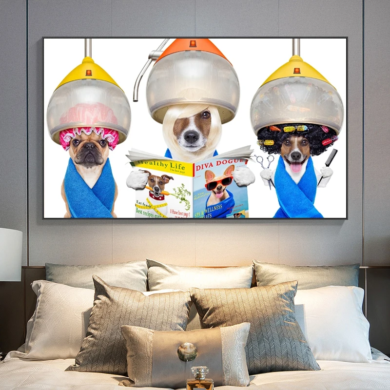 Funny Art Dogs Hairdresser Reading Magazine Canvas Painting Poster Print Cuadros Wall Art for Living Room Home Decor (No Frame)