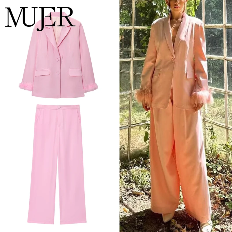

MUJER Feather Woman Blazer Suit Set Pink Straight Blazers Sets for Women 2 Pieces Fashion New Blazer and Pants Women's Suit Sets