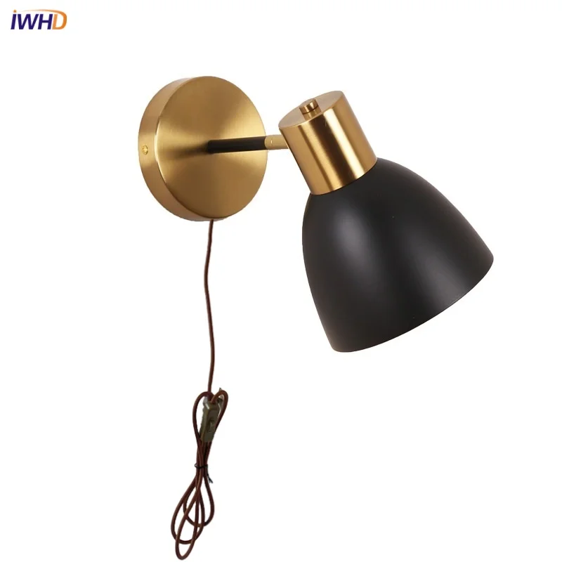 

IWHD Plug In LED Wall Lamps Sconce Hallway Bedroom Vanity Bar Modern Simple Black Iron Bathroom Stair Mirror Light Aplique Pared