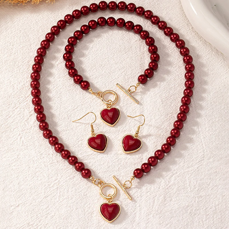 Red Heart Shape Pendant Necklace Earrings Bracelets Set for Women Imitation Pearl Elegant Luxury Quality Jewelry Wedding Gifts