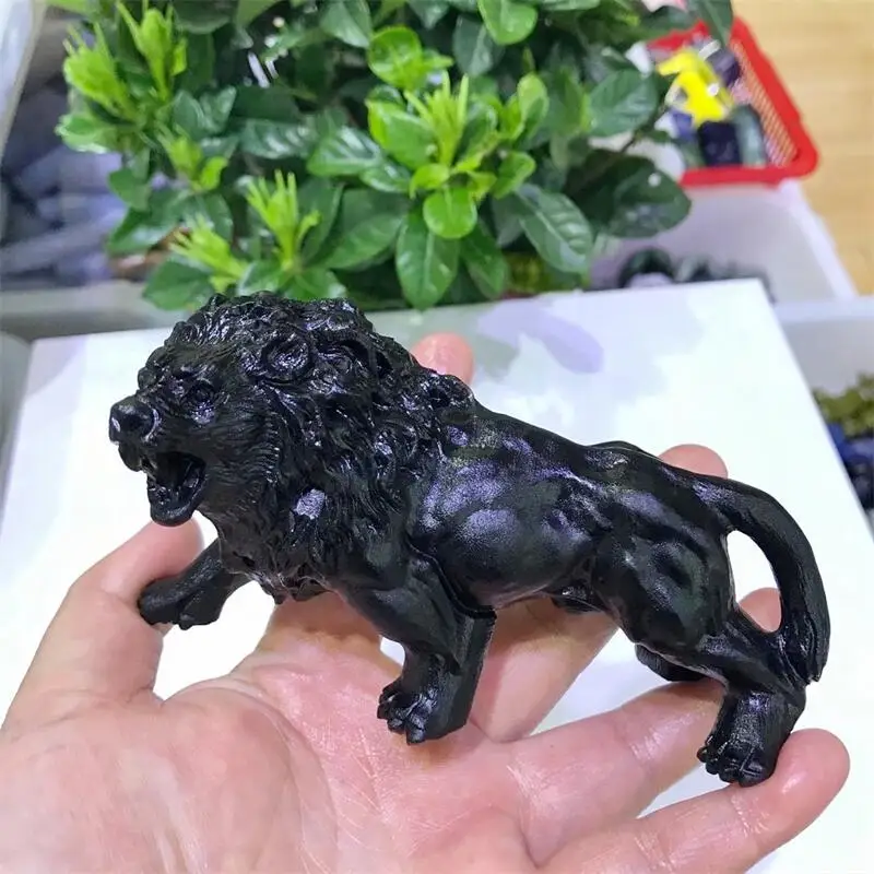 Natural Black Obsidian Crystal Lion Carving Powerful Animal Figurine Energy Crafts Fashion Fengshui Home Decoration Gift 1pcs