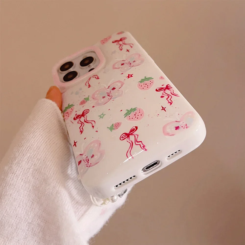 Fairy Pink strawberry butterfly bow sofa art Etui na telefon do iPhone 16 15 14 13 12 11 Pro Max Xr 14 16 Plus Etui Cute Soft Cover